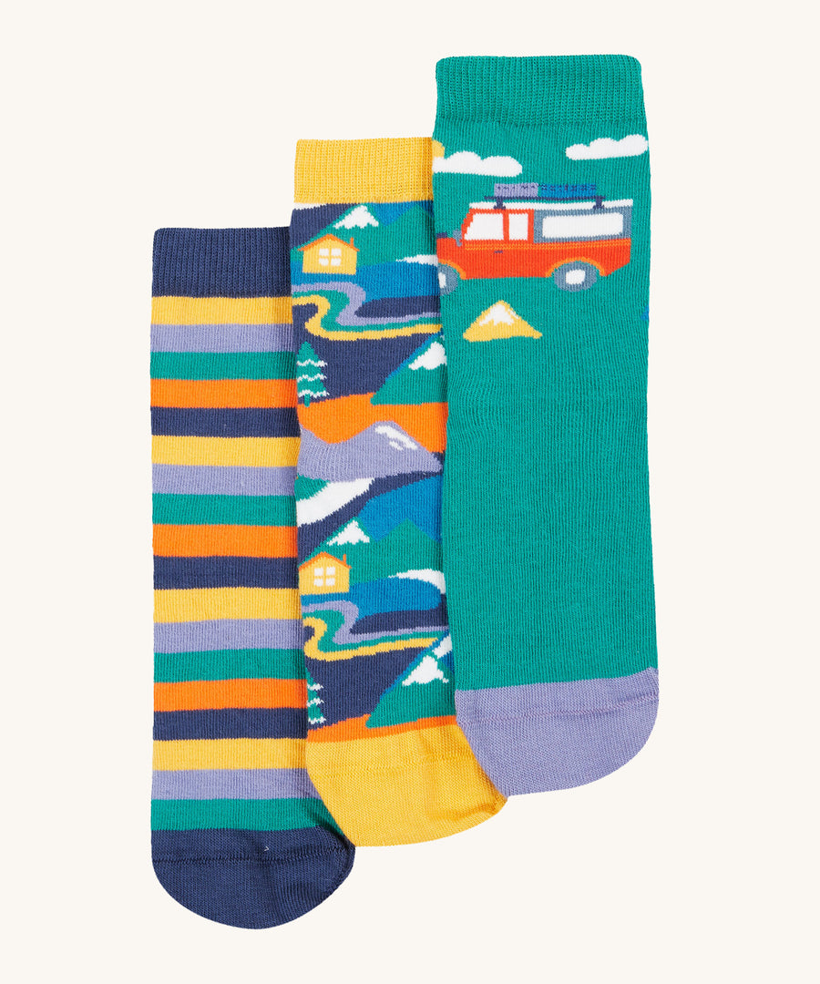 Frugi Rock My Socks 3 Pack - Alpine Adventures. 3 colourful pairs of socks, each with a different adventure print