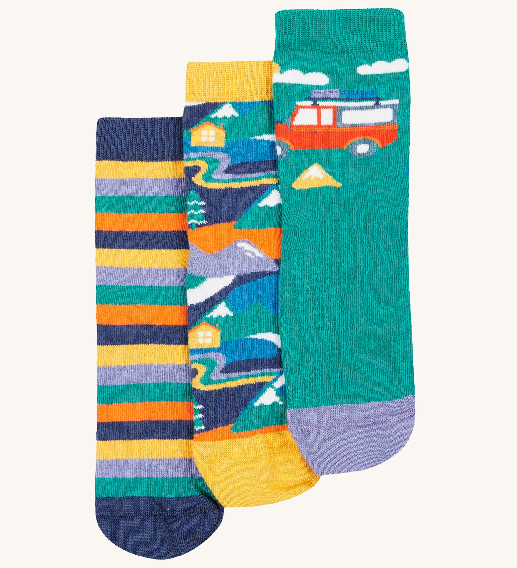 Frugi Rock My Socks 3 Pack - Alpine Adventures. 3 colourful pairs of socks, each with a different adventure print