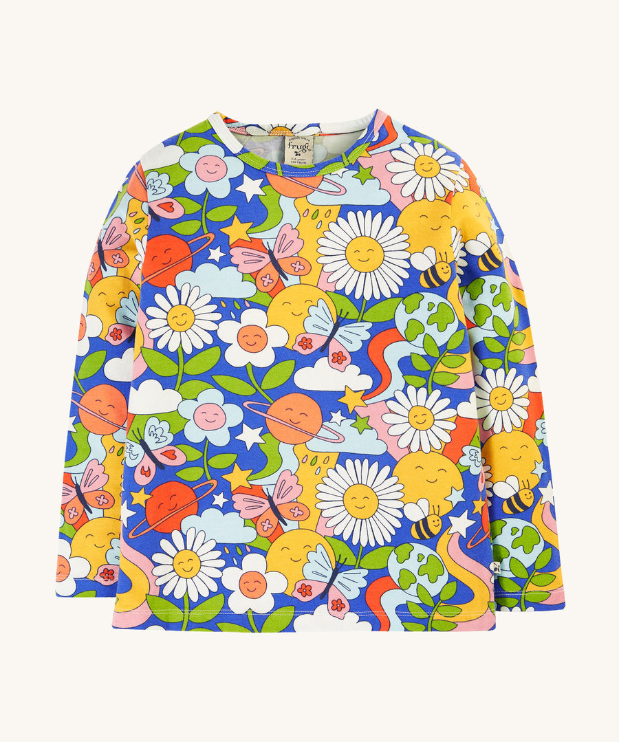 Frugi Bryher Top - Retro Happy. Made from stretchy organic cotton, with long sleeves in the colourful Retro Happy Print.