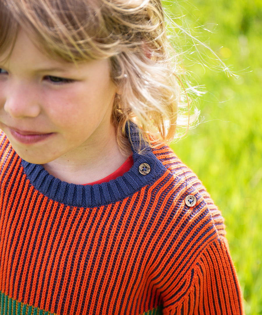 A closer look at the buttons on the should of the Frugi Top Notch Jumper - Navy Blue