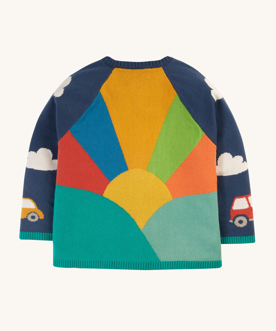 The back of the Frugi Reva Applique Cardigan - Navy Blue/Sunrise