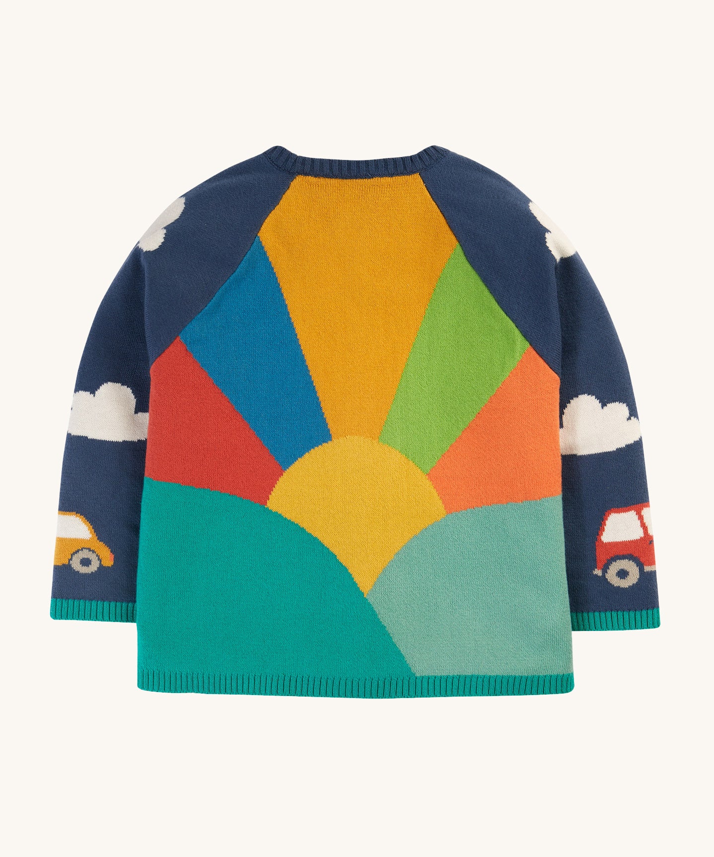 The back of the Frugi Reva Applique Cardigan - Navy Blue/Sunrise