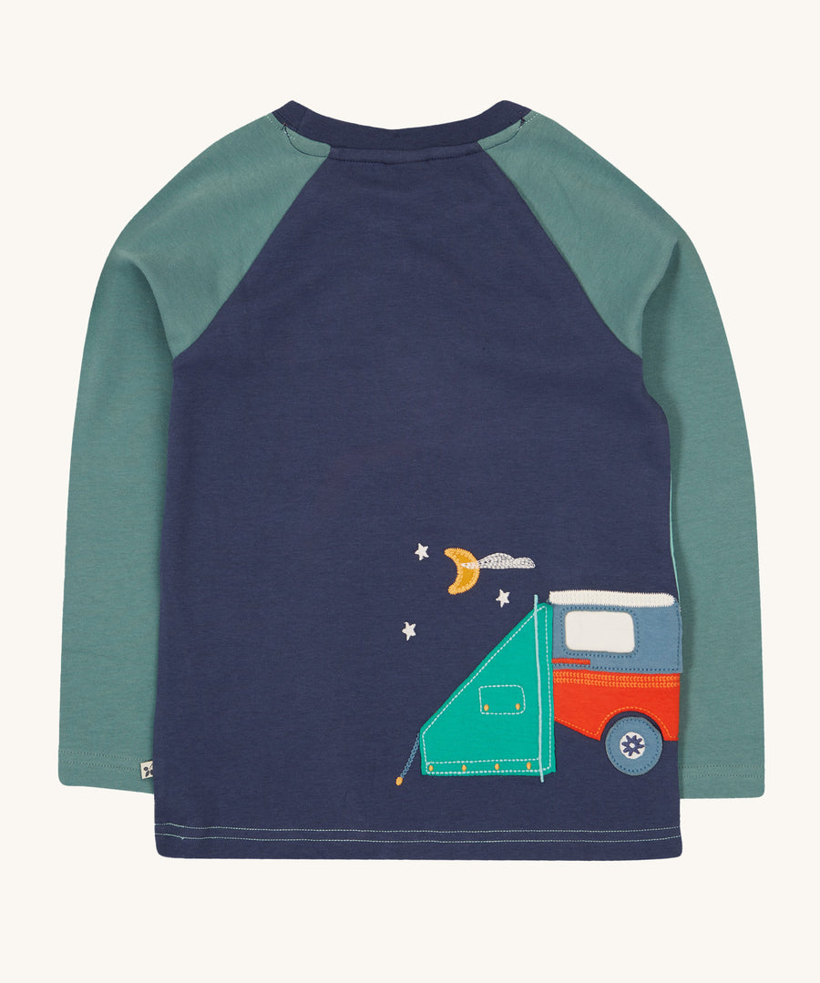 The back of the Frugi Albert Wrap Around Top - Moss/4X4 Camper, with a navy blue back panel and a camper van setting up for the night with the moon in the sky