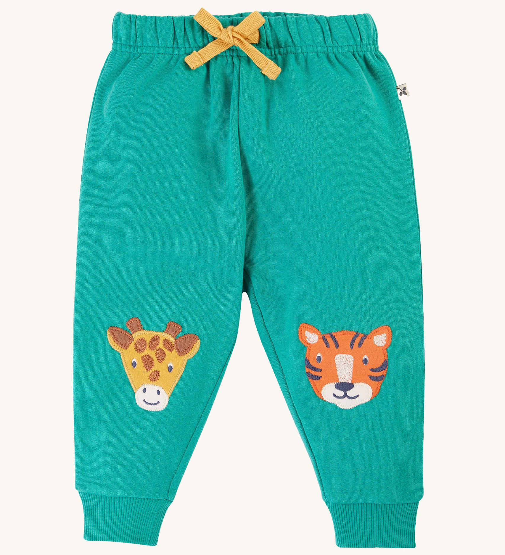 Frugi Character Crawlers - Iguana/Tiger. A green pair of trousers with a giraffe and tiger applique on each knee