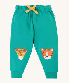 Frugi Character Crawlers - Iguana/Tiger. A green pair of trousers with a giraffe and tiger applique on each knee