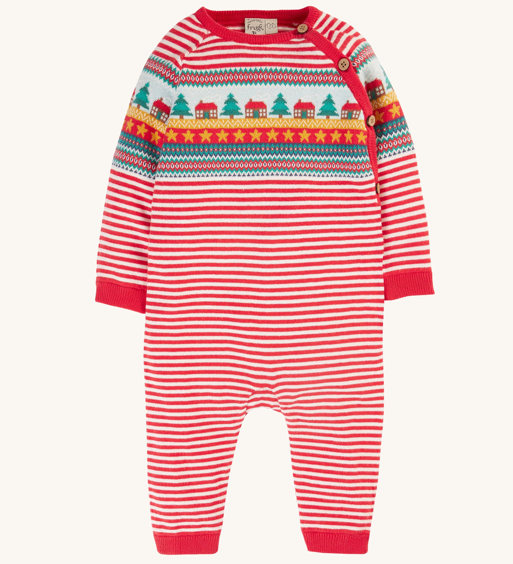 Frugi Lumi Knitted Romper - Fairisle Christmas Stripe, with a beautiful red and white stripe pattern, and a Christmas trees, house and star repeat pattern across the chest. Alos shown in the image are the bouttons for easy on and off changing.