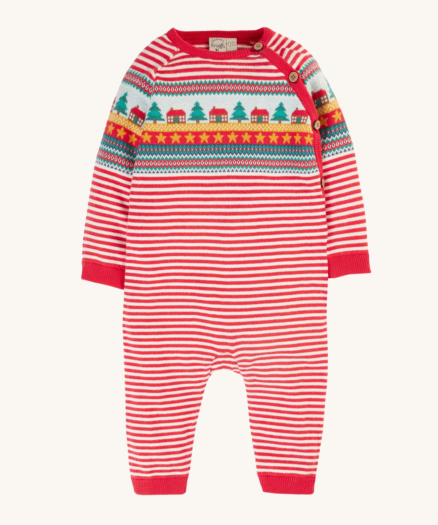 Frugi Lumi Knitted Romper - Fairisle Christmas Stripe, with a beautiful red and white stripe pattern, and a Christmas trees, house and star repeat pattern across the chest. Alos shown in the image are the bouttons for easy on and off changing.