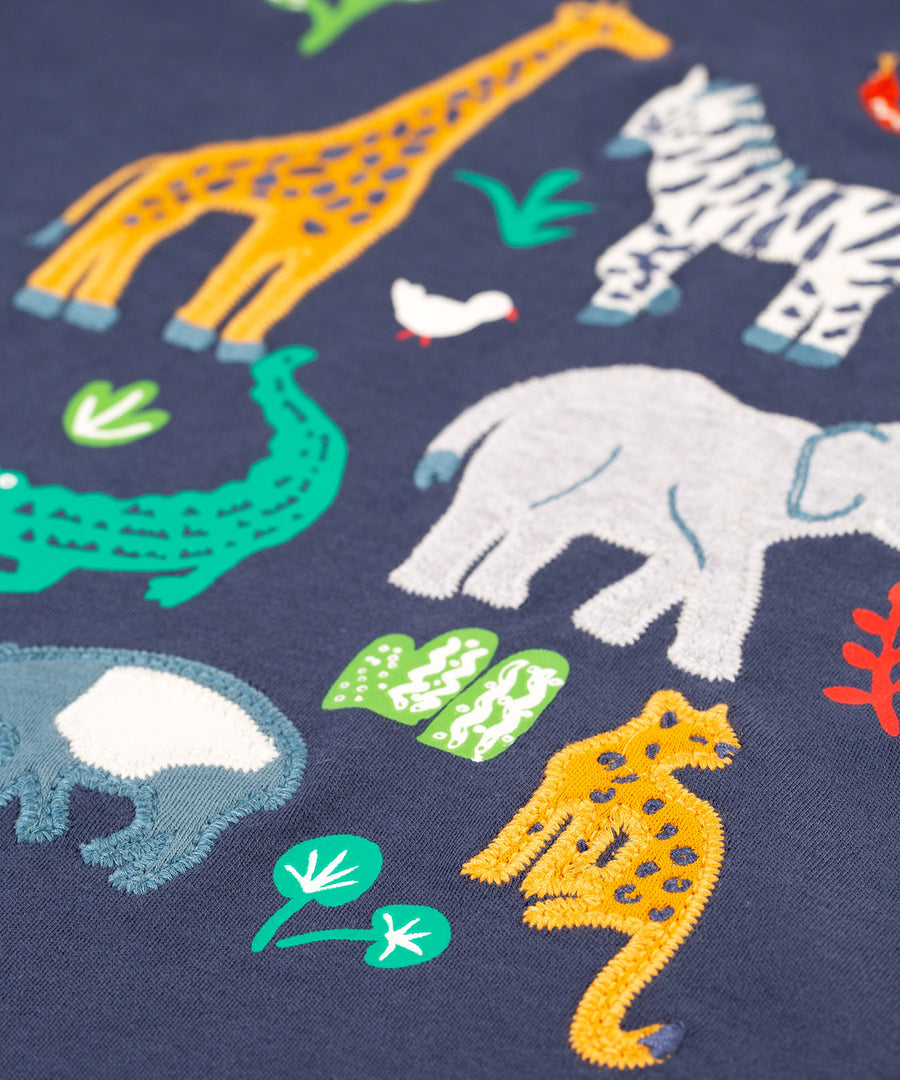 A closer look at the animal appliques on the Frugi Campfire Hooded Top - Navy Blue/Go Wild Animals