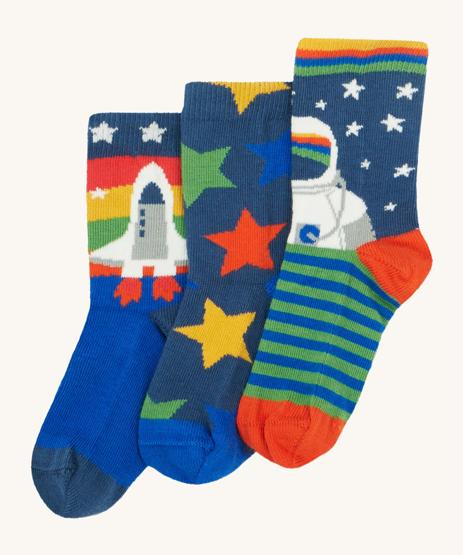 Frugi Rock My Socks 3 Pack - Space. 3 pairs of colourful space themed socks