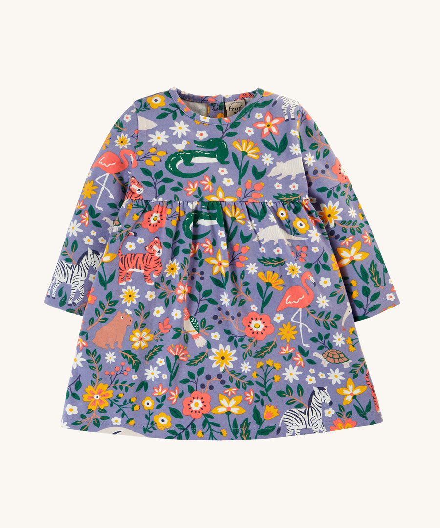 Frugi Dee Dress - Rainforest Friends. Made from soft and durable organic cotton with a Rainforest Friends print, long-sleeves, with gathers around the waist and poppers on the back for easy dressing.