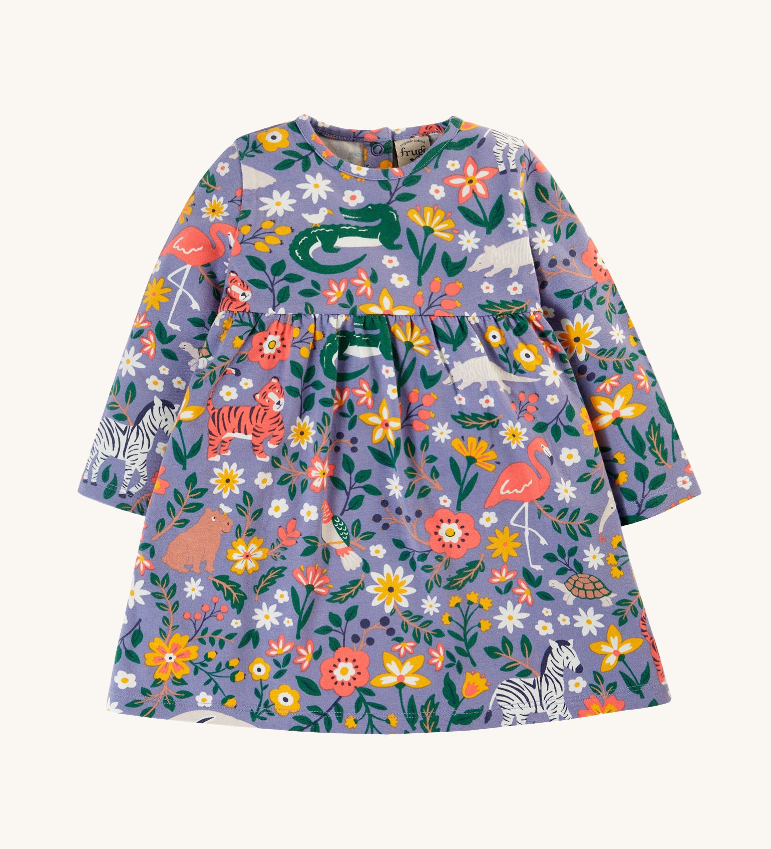 Frugi Dee Dress - Rainforest Friends. Made from soft and durable organic cotton with a Rainforest Friends print, long-sleeves, with gathers around the waist and poppers on the back for easy dressing.