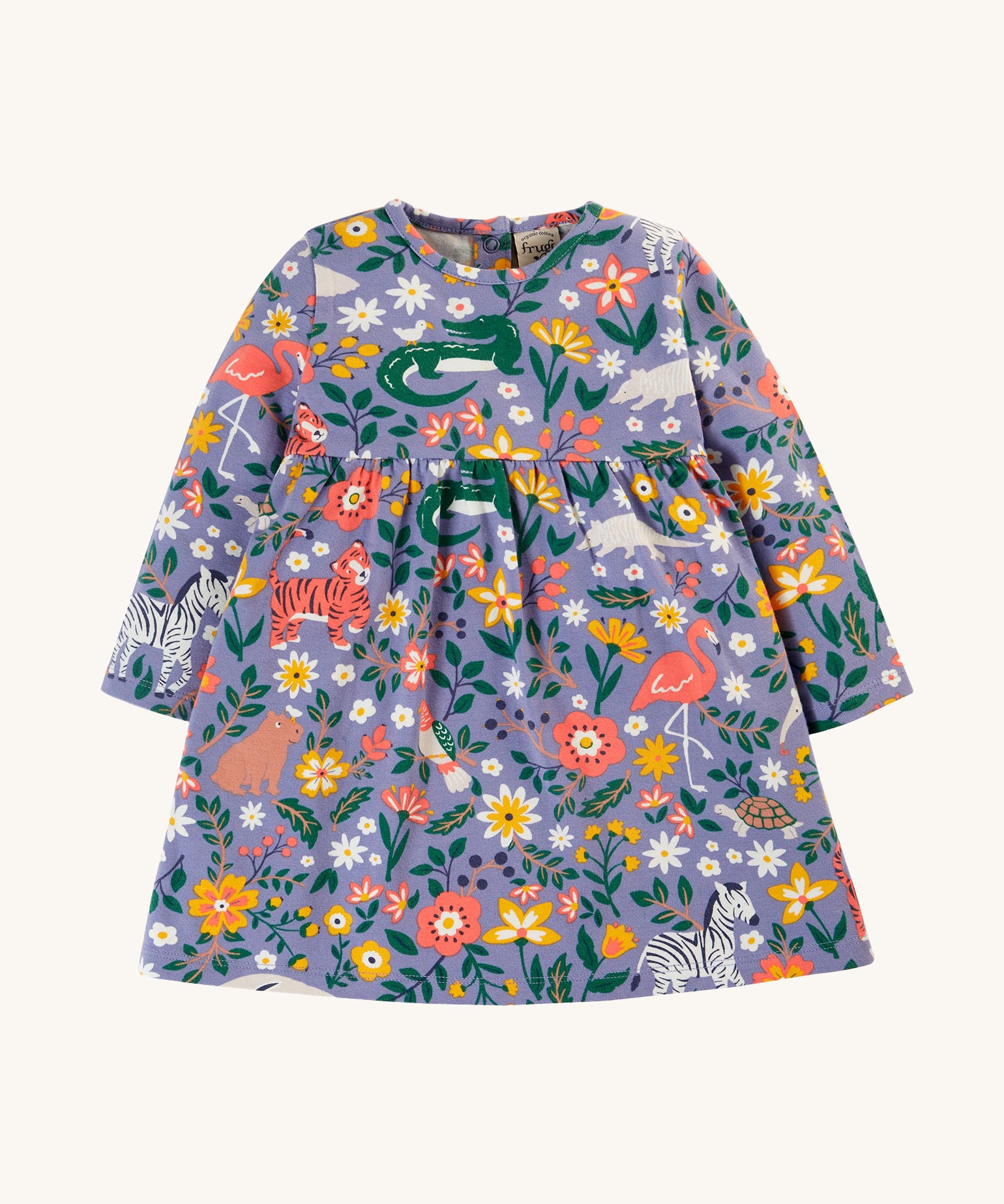 Frugi Dee Dress - Rainforest Friends. Made from soft and durable organic cotton with a Rainforest Friends print, long-sleeves, with gathers around the waist and poppers on the back for easy dressing.