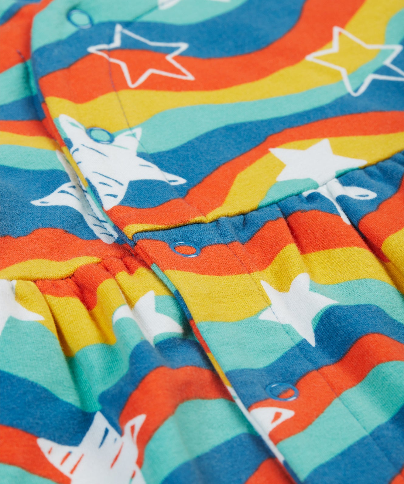 The front of the Frugi Kiki Kimono Dress - Wavy Stars, has popper fastenings as shown in the image