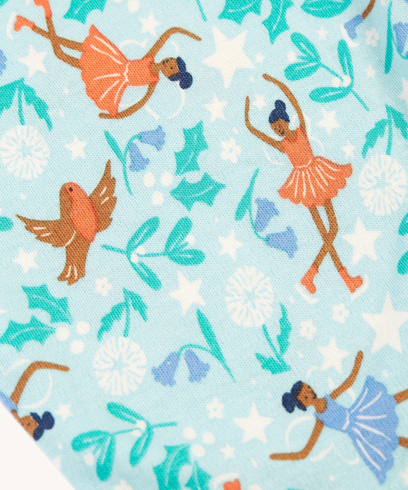 The pyjama bottoms print on the Frugi Alana Pyjamas - Glacier Enchanted Forest/Skater. A light blue fabric with skating faires, robins, flowers and holly leaves