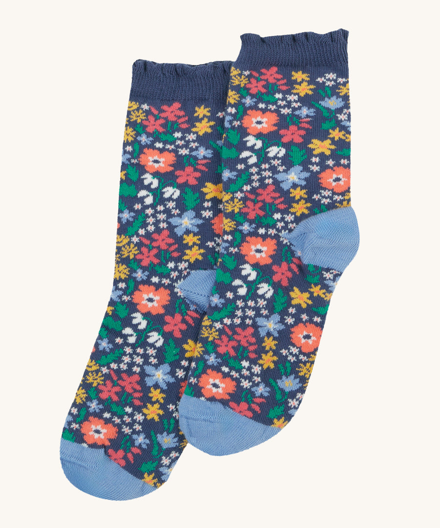 The flower print on the Frugi Frill Socks 2 Pack - Get Outside