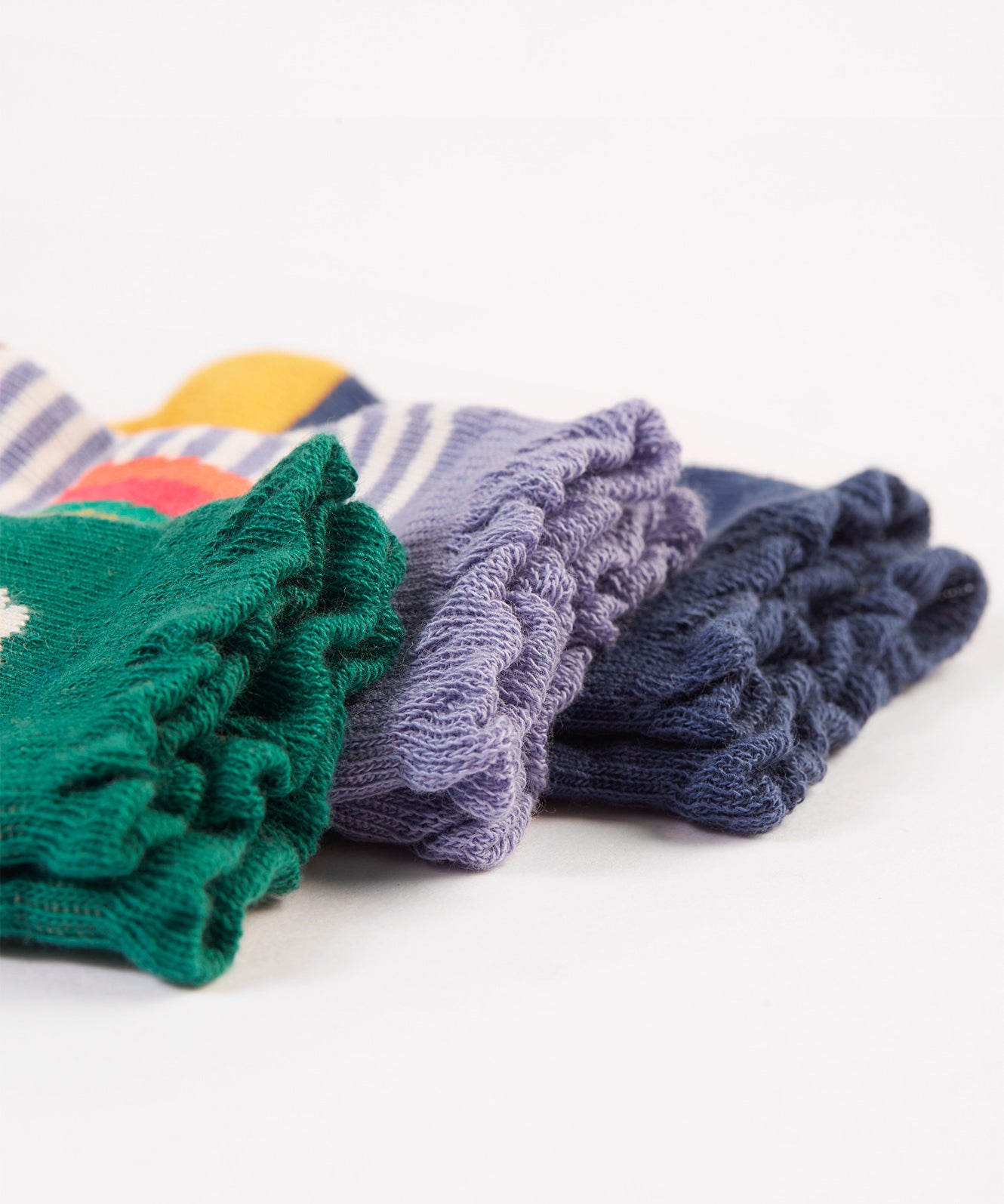 A close up view of the frills on the Frugi Freya Frilled Socks 3 Pack - Rainforest Friends