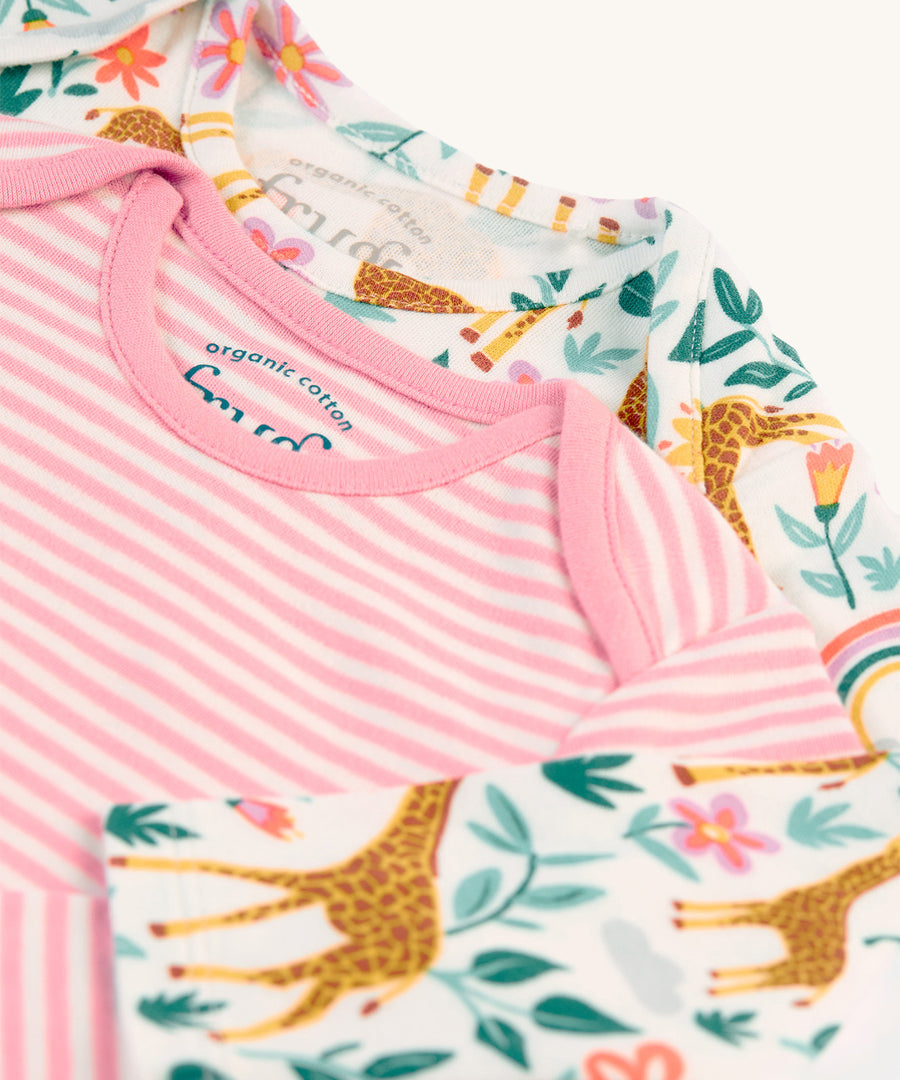 A closer look at the neck on the Frugi Super Special 2 Pack Body - White Giraffes/Cosmos Stripe