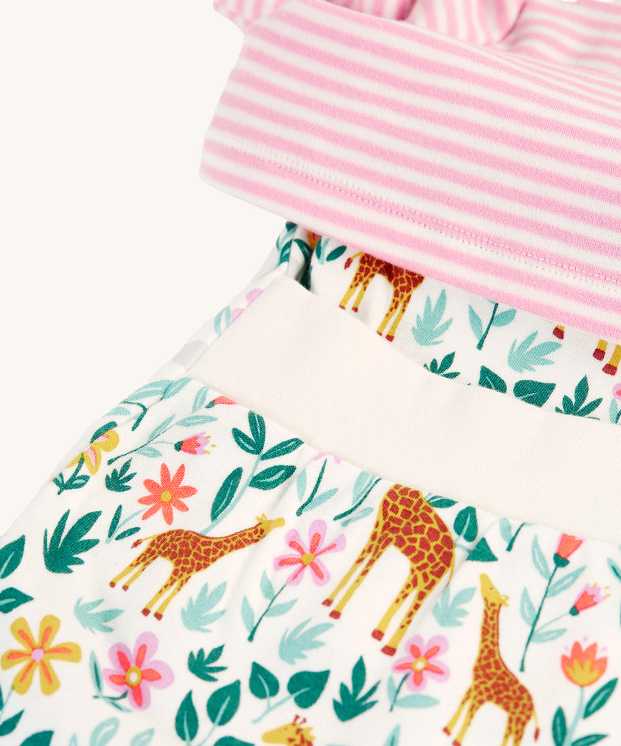 A closer look at the playful giraffe print of the bottoms