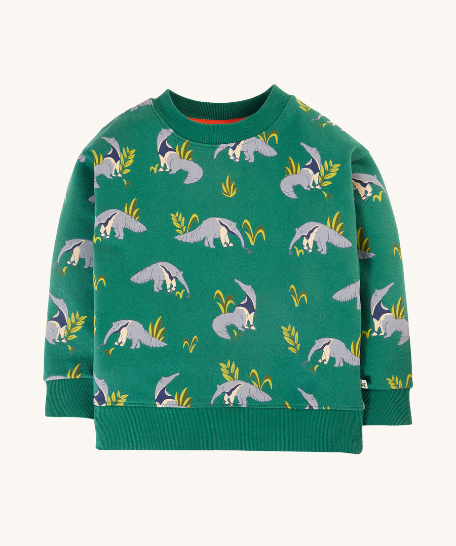 Frugi Superb Sweatshirt - Anteater Parade. A soft, organic cotton sweatshirt in emerald green colour and playful anteater repeat print