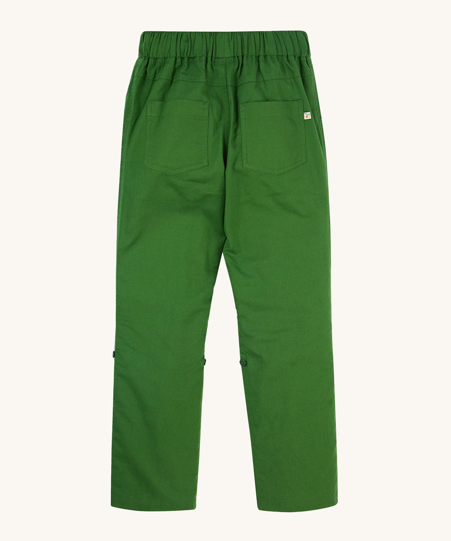 The back of the Frugi Pioneer Trousers - Jungle Green, showing the back pockets