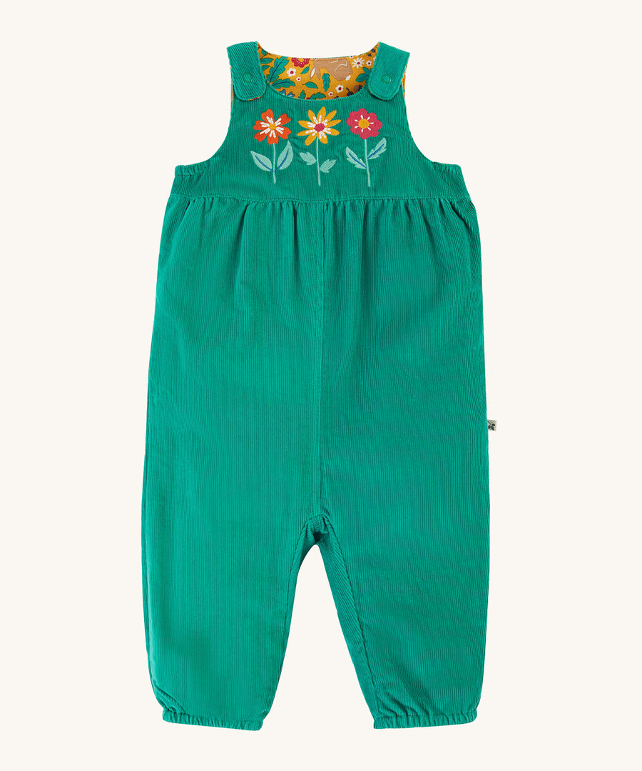 Frugi Lacey Reversible Dungaree - Iguana/Autumn Friends, in green cord