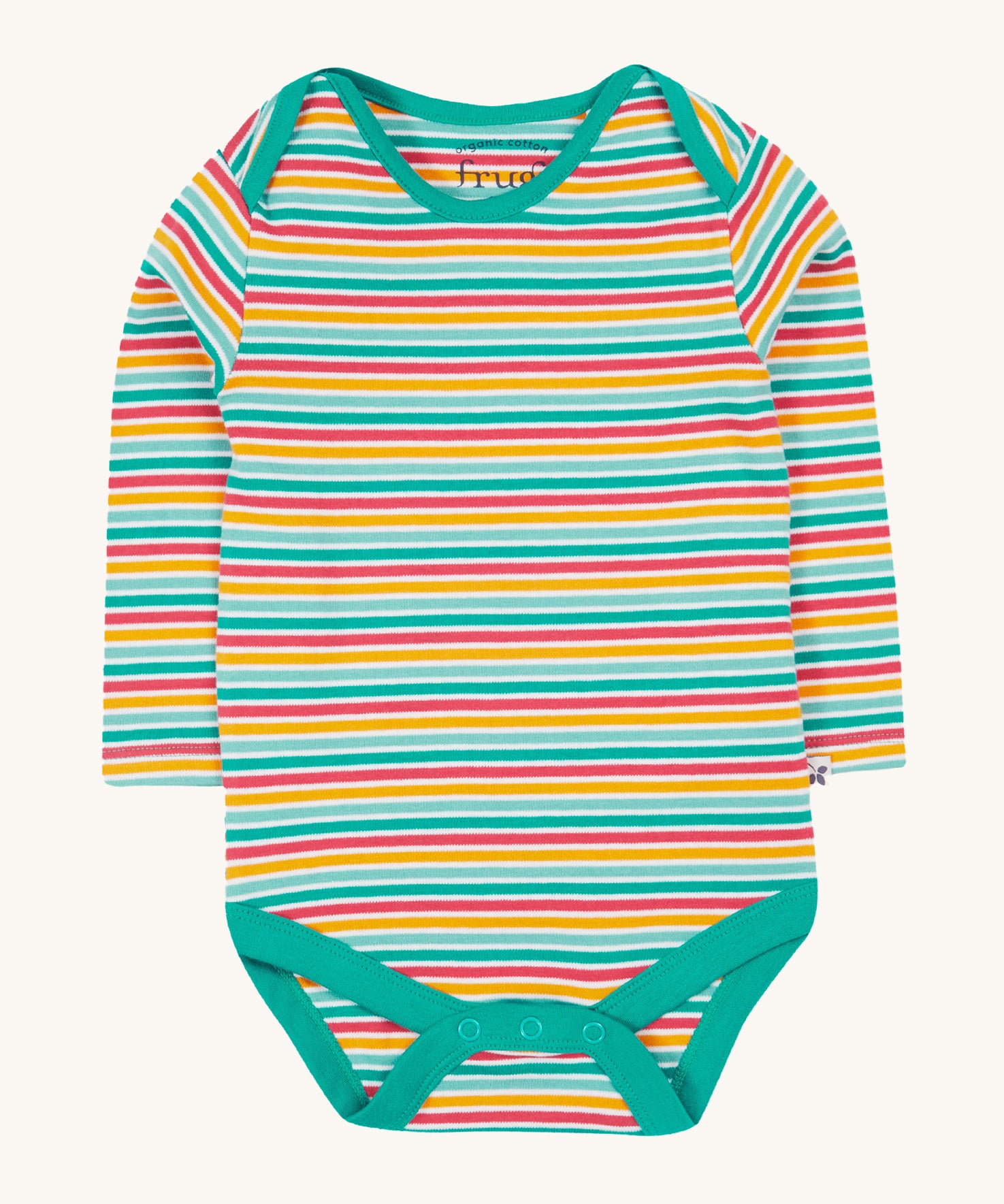 The stripe print of the Frugi Super Special 2 Pack Body - Let'S Go!/Iguana Multi Stripe