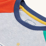 A closer view of the neck and colours of the Frugi Jamie Jim Jams - Iguana Stripe/Camper top