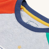 A closer view of the neck and colours of the Frugi Jamie Jim Jams - Iguana Stripe/Camper top