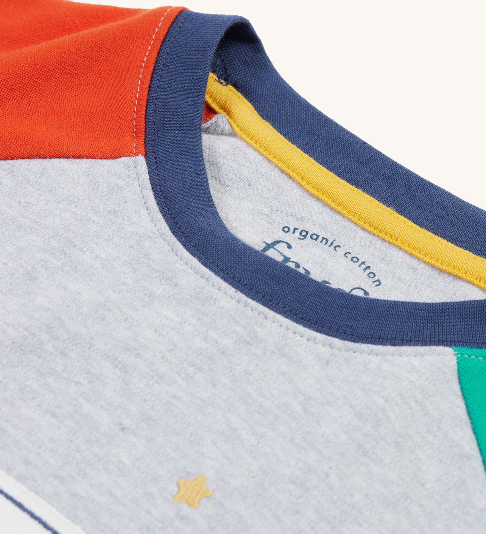 A closer view of the neck and colours of the Frugi Jamie Jim Jams - Iguana Stripe/Camper top