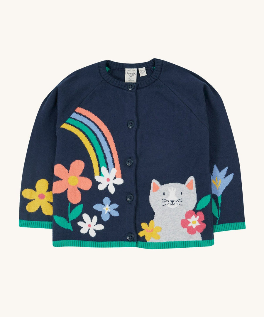 Frugi Reva Knitted Cardigan - Navy Blue/Cat. A beautiful navy cardigan with a gorgeous cat, rainbow and floral knit print