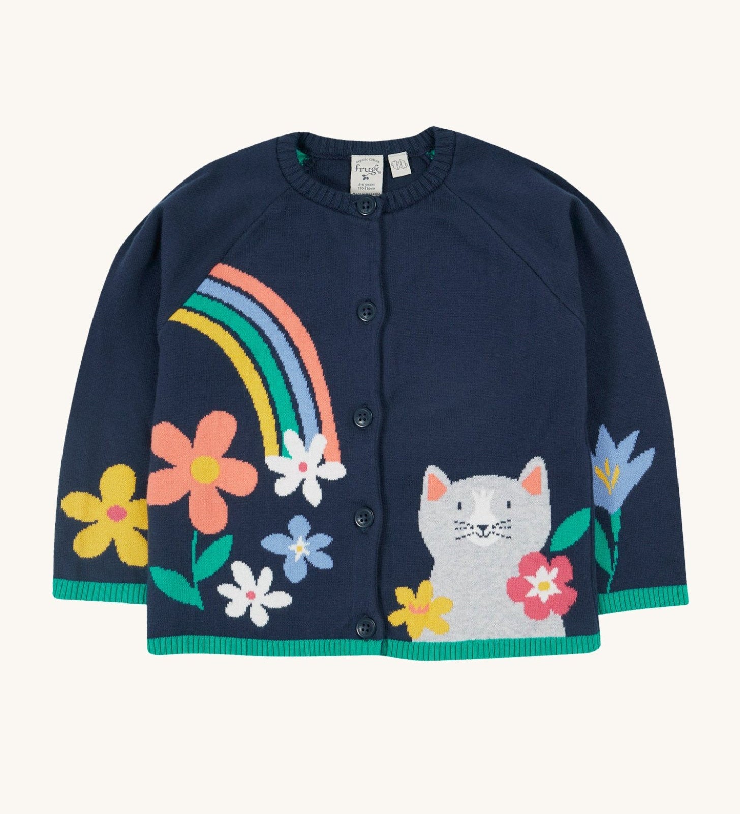 Frugi Reva Knitted Cardigan - Navy Blue/Cat. A beautiful navy cardigan with a gorgeous cat, rainbow and floral knit print