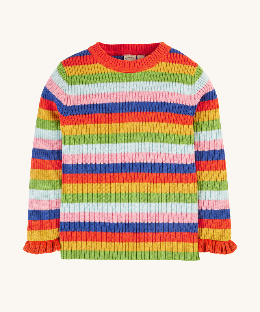 The Frugi Zoe Knitted Jumper - Retro Stripe, is a beautiful organic cotton, rib knit, long sleeve jumper in bold red, yellow, green, light blur and royal blue stripes, and ruffled wrist cuffs