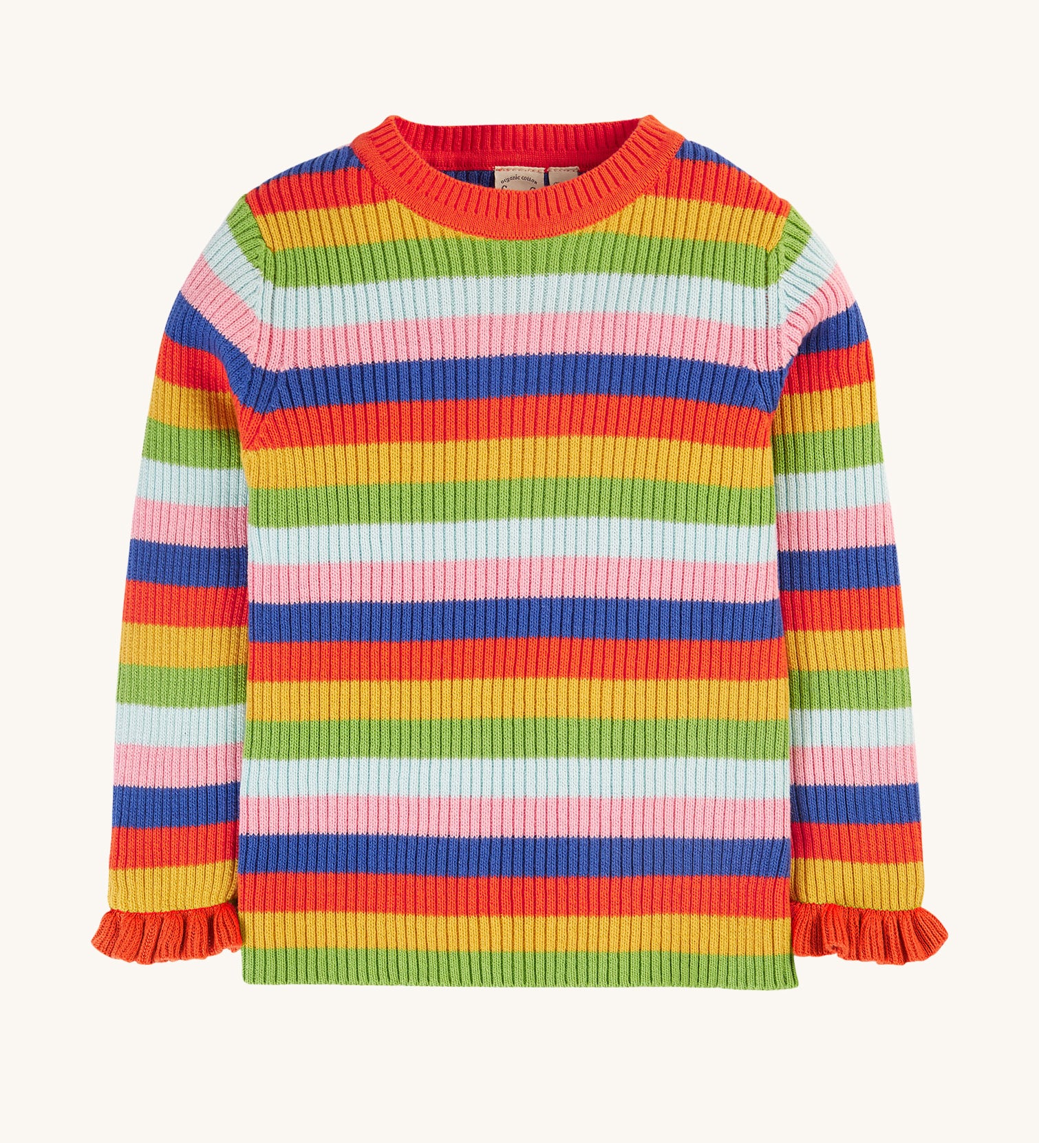 The Frugi Zoe Knitted Jumper - Retro Stripe, is a beautiful organic cotton, rib knit, long sleeve jumper in bold red, yellow, green, light blur and royal blue stripes, and ruffled wrist cuffs