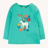 Frugi Anna Applique Top - Pacific Aqua/Horse