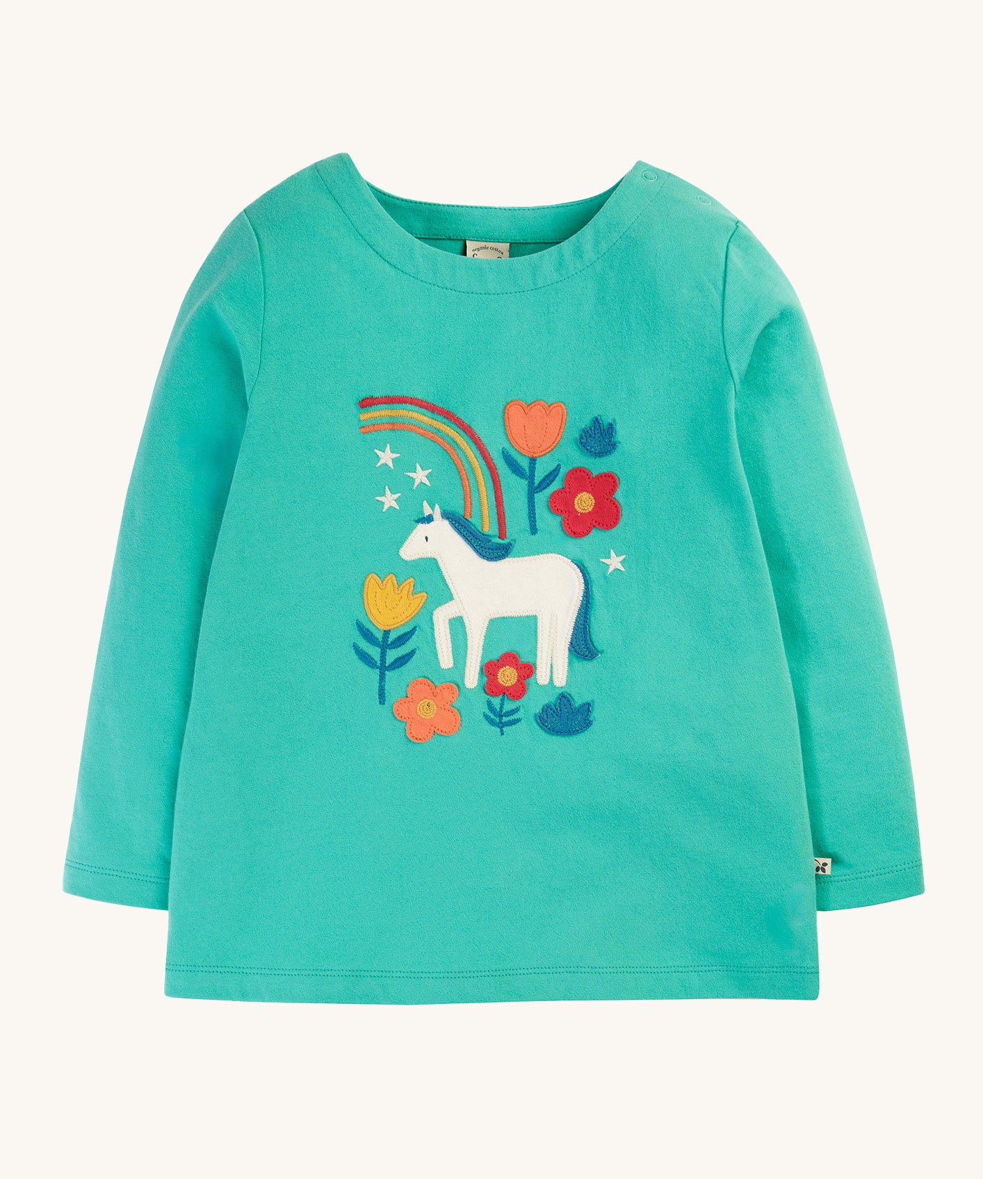 Frugi Anna Applique Top - Pacific Aqua/Horse. A lovely pacific blue/green top with a beautiful horse and flower appliques