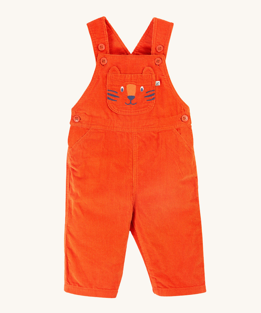 Frugi Durgan Cord Dungaree - Bonfire/Tiger. Orange cord dungarees with a fun embroidered tiger face on the front pocket