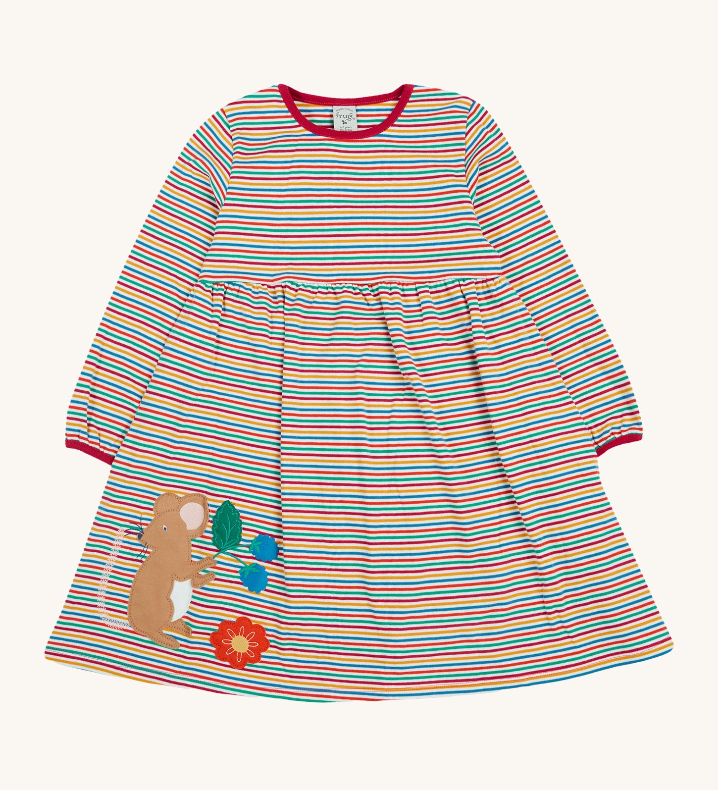 Frugi Dolcie Dress - Lingonberry Multi-Stripe. A beautiful stripe dress with a mouse and flower applique detail