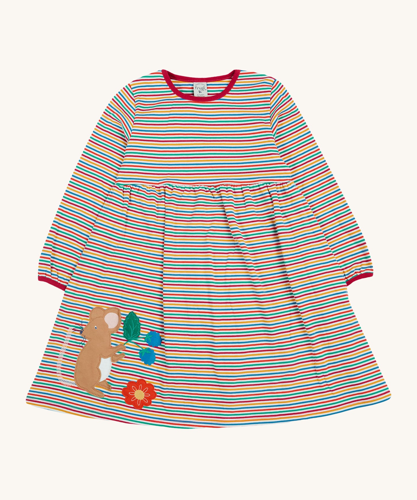 Frugi Dolcie Dress - Lingonberry Multi-Stripe. A beautiful stripe dress with a mouse and flower applique detail