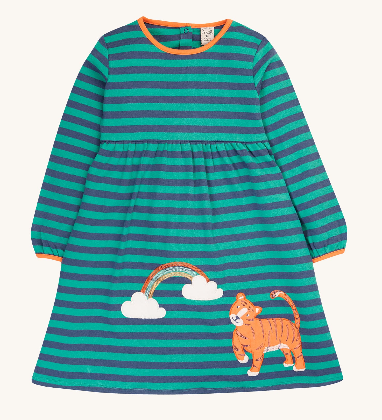 Frugi Dolcie Dress - Iguana Stripe/Tiger. A lovely navy and green stripe dress with a tiger and rainbow detail, and orange piping on the collar and cuffs