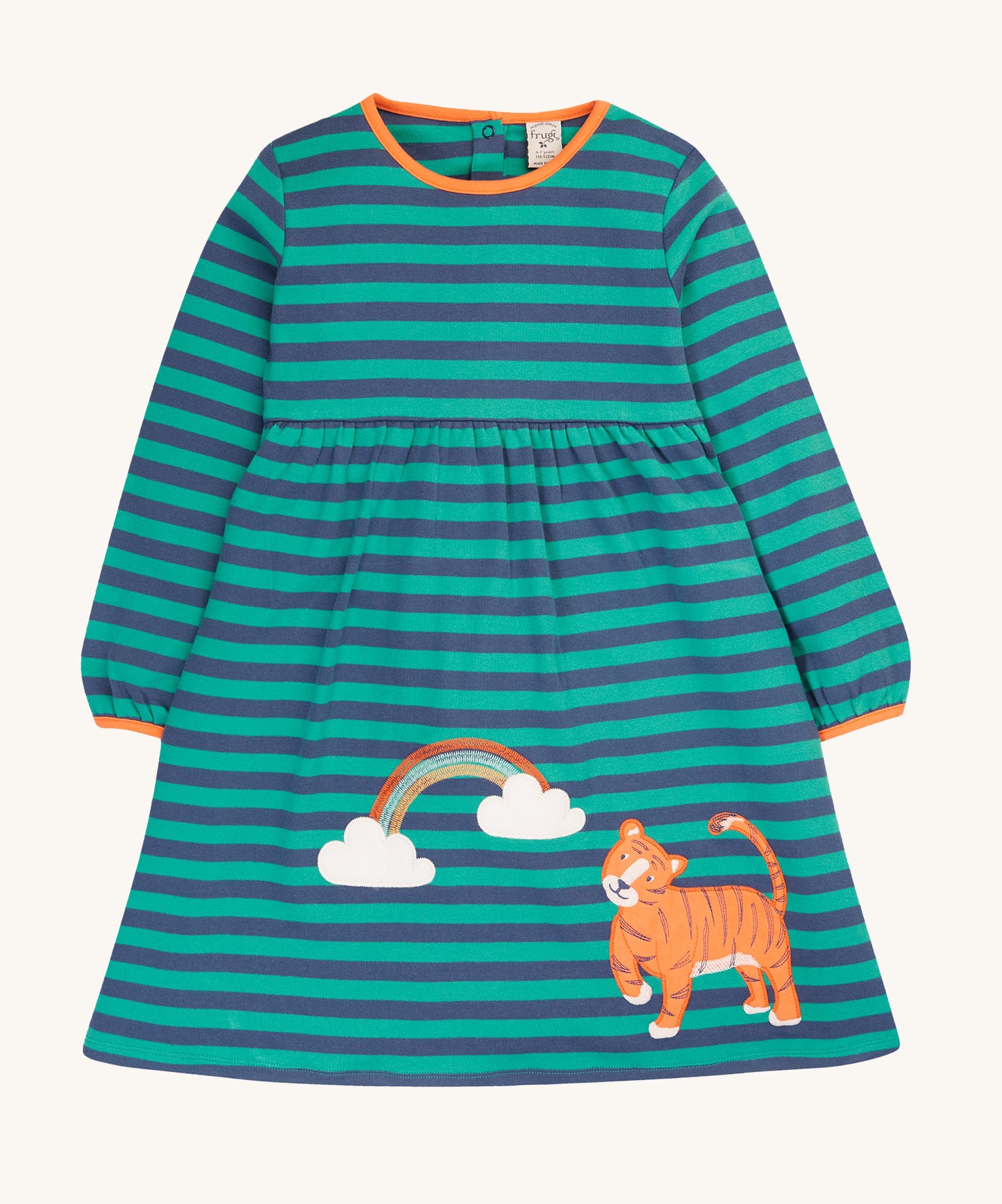 Frugi Dolcie Dress - Iguana Stripe/Tiger. A lovely navy and green stripe dress with a tiger and rainbow detail, and orange piping on the collar and cuffs