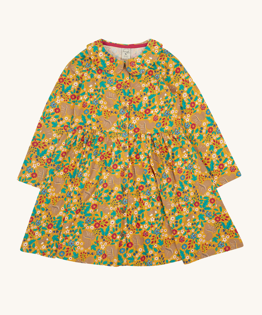 Frugi Autumn Dress - Autumn Friends. A beautiful mustard yellow dress, with a floral squirrel and rabbit print