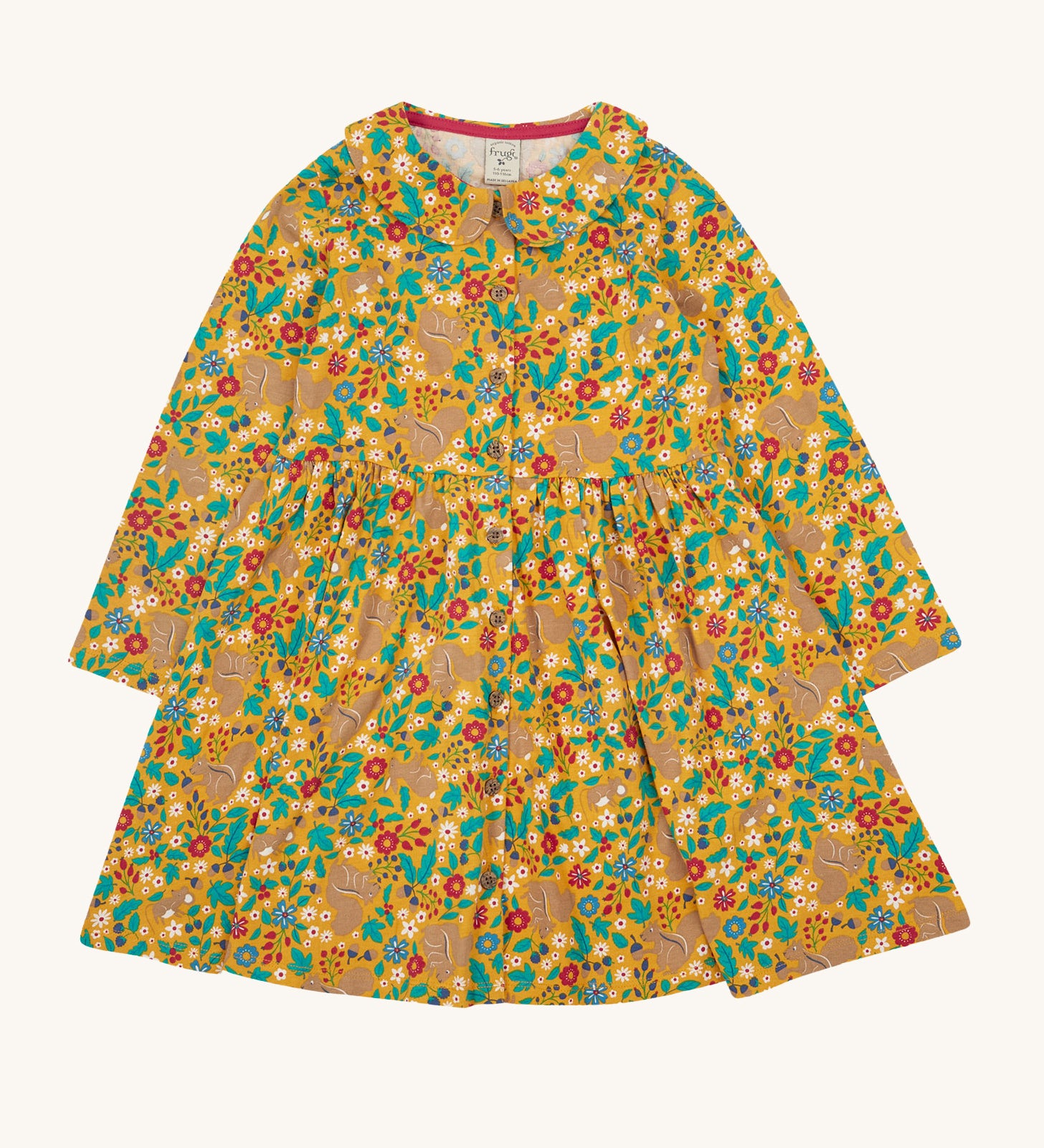 Frugi Autumn Dress - Autumn Friends. A beautiful mustard yellow dress, with a floral squirrel and rabbit print