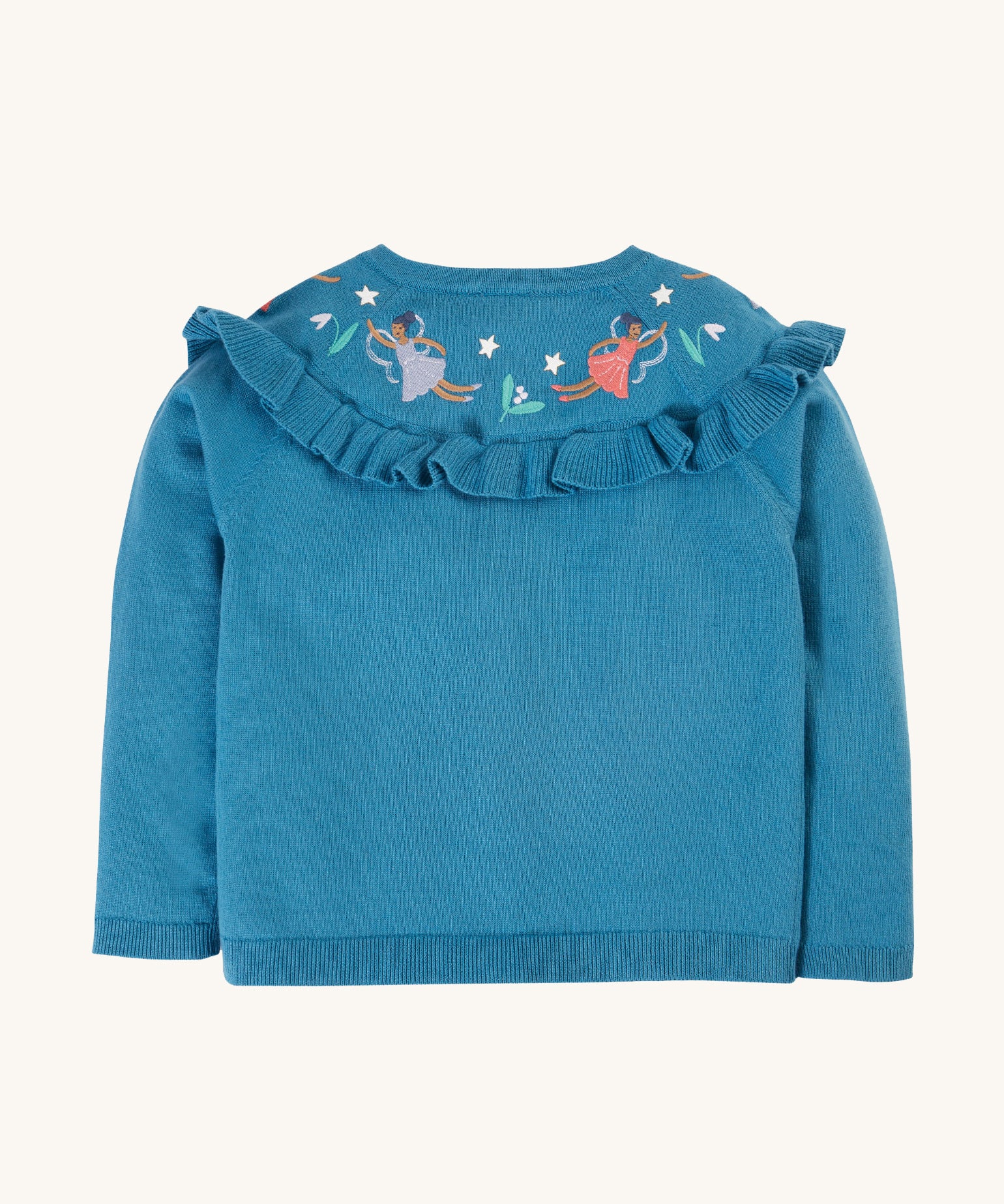 The back of the Frugi Romi Ruffle Cardigan - Deep Water/Fairies, showing the embroidered fairy's on the back of the ruffle collar