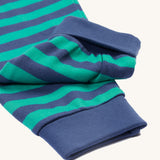 A closer look at the green and navy striped pyjama bottoms on the Frugi Jamie Jim Jams - Iguana Stripe/Camper