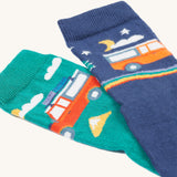 A closer look at the green and navy camper van prints on the Frugi Rock My Socks 3 Pack - Alpine Adventures