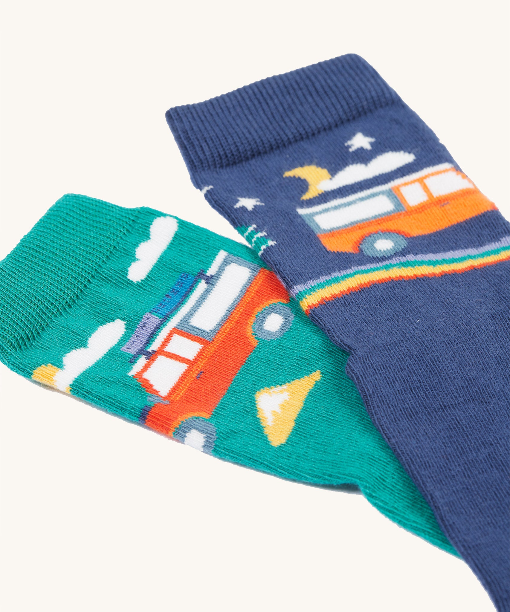 A closer look at the green and navy camper van prints on the Frugi Rock My Socks 3 Pack - Alpine Adventures