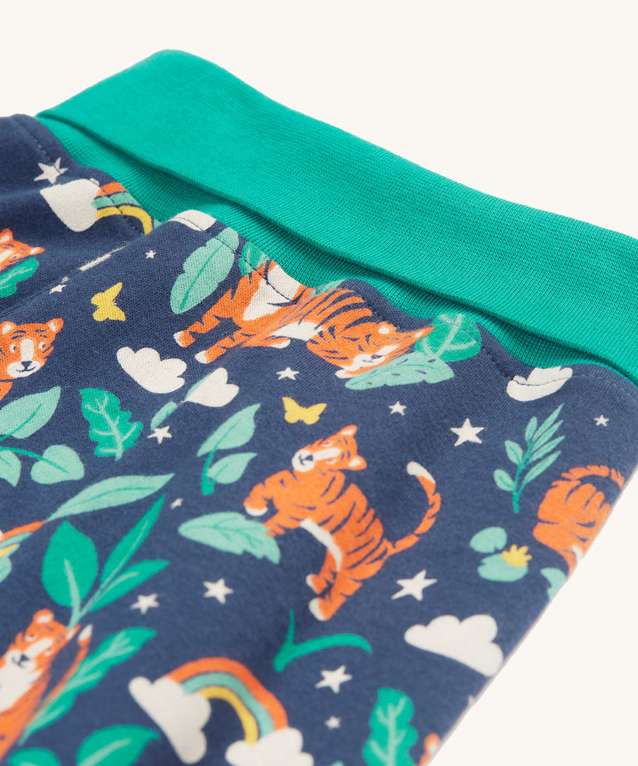 A look at the waist band and tiger print on the Frugi Parsnip Pants - Roarsome! 