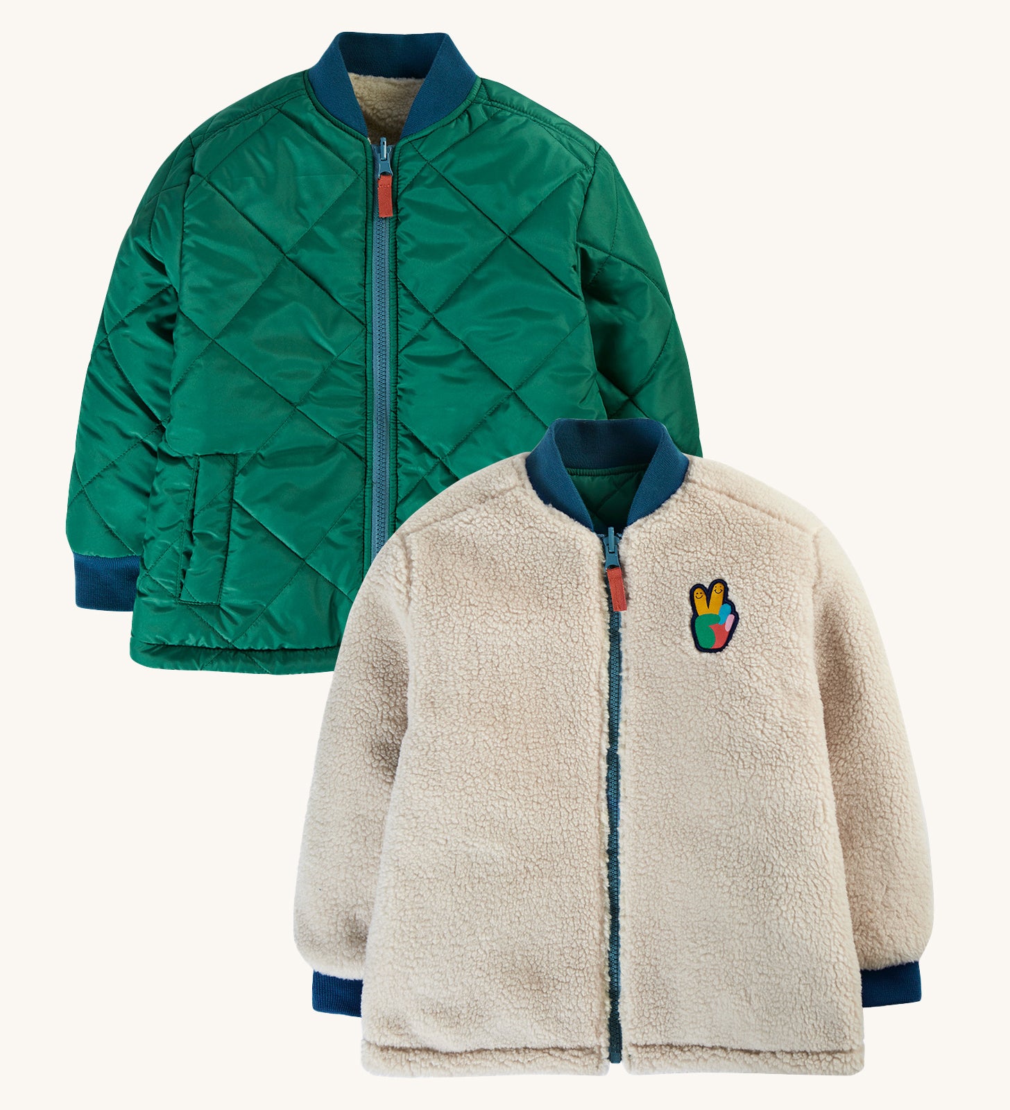 Frugi Robin Reversible Quilted Jacket - Teal/Moon. A padded green jacket with a soft fleece lining which is fully reversible