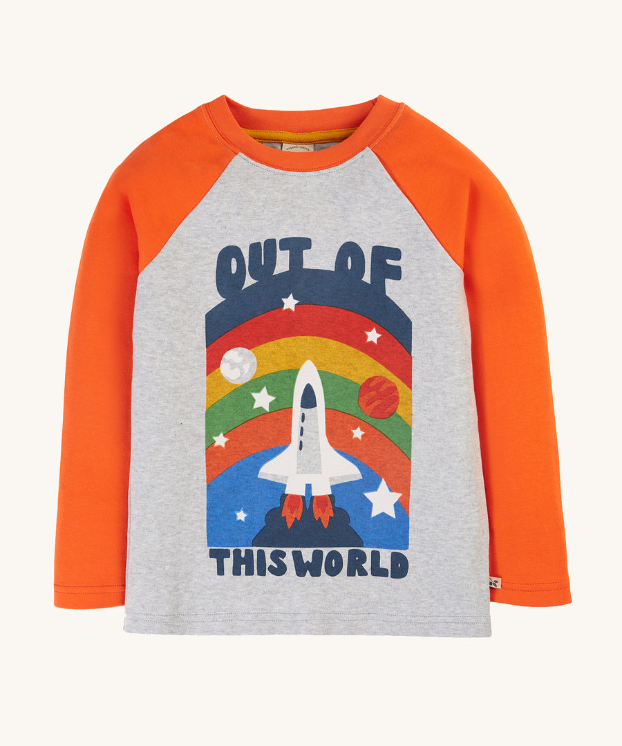 Frugi Tamar Raglan Top - Grey Marl/Out Of This World long sleeve top. A soft, cotton top with orange sleeves a grey body with a colourful rocket ship on the front