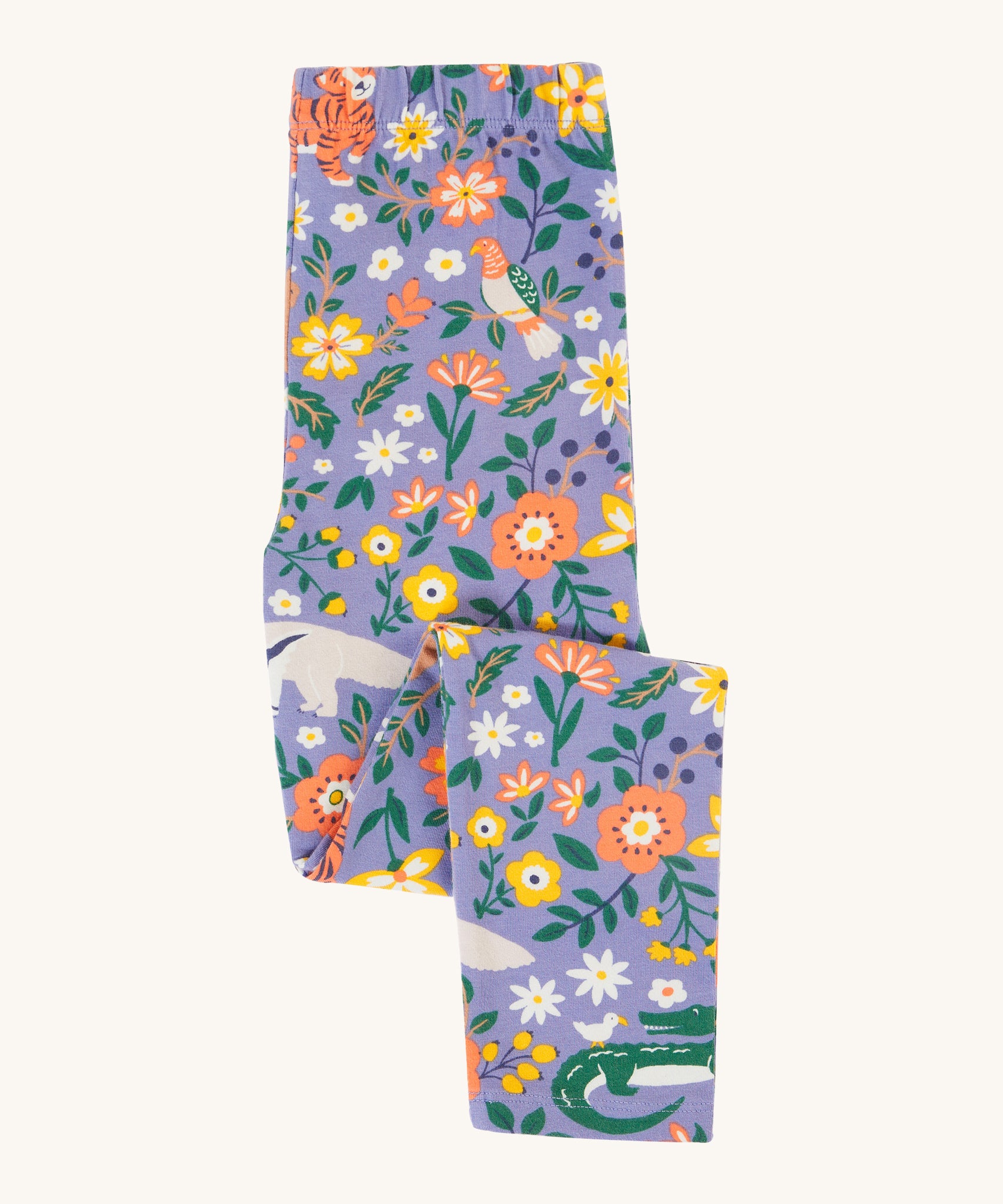 The legs on the Frugi Libby Printed Leggings - Rainforest Friends are folded in this image. Also seen is the elasticated waistband and Rainforest Friends print